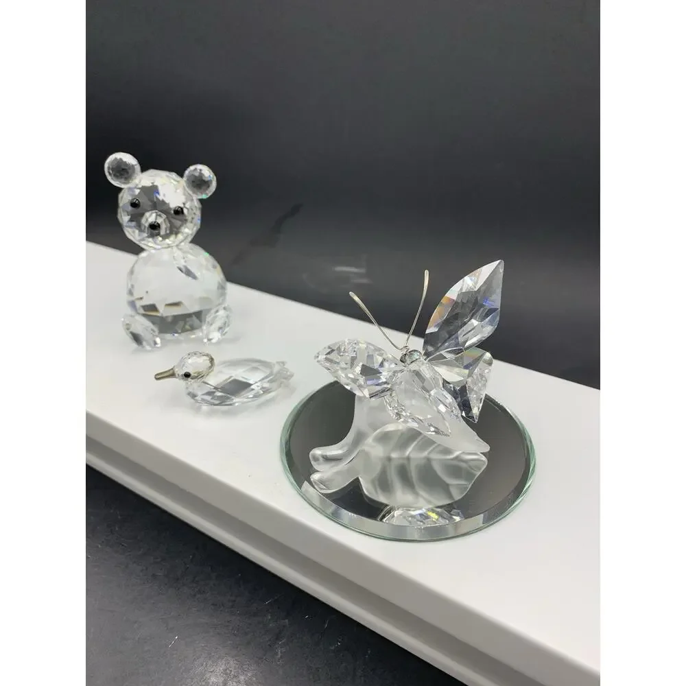 LOT 3 Swarovski Crystal Figurines Bear, Butterfly on Frosted Leaf Mini Duck READ